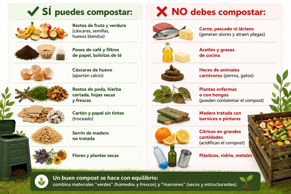 Que puedes compostar y que no.  Compostadores huerto o jardín